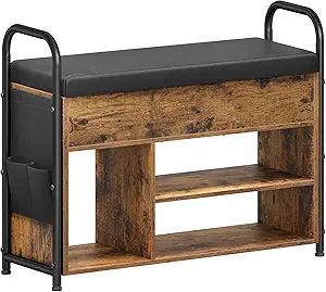 VASAGLE Shoe Bench, Shoe Rack, Entryway Furniture, Inner Storage Under the Lid, PU Pockets, Convenient Handles, for Entryway, Living Room, Bedroom, Rustic Brown and Ink Black ULSB052K01