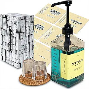 eBun Black Mouthwash Dispenser Set, Large Capacity Mouthwash Pump Dispenser for Bathroom 37oz Glass Mouth Wash Bottle with Black Pump & Cups