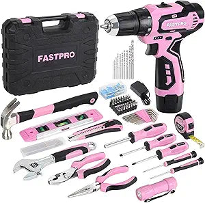 FASTPRO 160-Piece Pink Tool Set with 12V Cordless Drill Driver, Lady's Home Repairing Tool Kit with Drill in Storage Case, For DIY, Home Maintenance