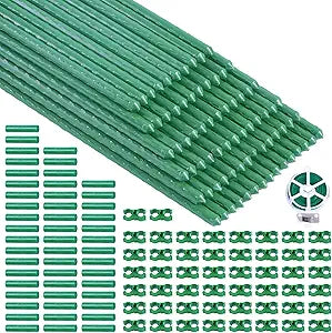 100 Pcs Tomato Stakes 16 Inch Garden Stakes for Outdoor Plants Support Plastic Coated Metal Plant Stakes Supports for Climbing Potted Plants with 50 Connectors 50 Rotatable Clips 165 Ft Twist Tie