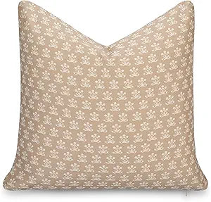 Crumbs Home Modern Farmhouse California Casual Indoor Outdoor Throw Pillow Cover, 22"x22" Water Repellent for Patio, Backyard, Couch, Poolside, Earth Tone Ivory Cream Tan Block Print Floral