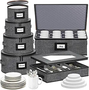 Aokeyee 6-Piece China Storage Containers Set, Hard Shell Moving Boxes for Dishes, Plates, Mugs & Flatware Dinnerware Organizer with Soft Felt Dividers, Sturdy Handles & Zippers, Grey