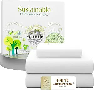 SUPREME ELEGANCE 100% Cotton Twin Size Bed Sheets Set, Snow White, Percale