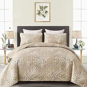 DJY Beige Quilt Set Queen Size - Branch Botanical Bedspread Coverlet Set