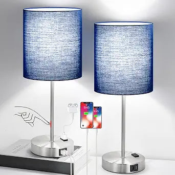Set of 2 Touch Control Table Lamps with 2 USB & AC Outlet, 3-Way Dimmable Bedside Nightstand Lamps for Bedroom Living Room Nursery, 800 Lumens 5000K Daylight Bulbs Included