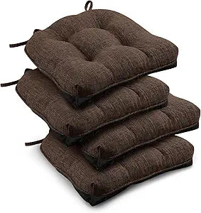 downluxe Indoor Chair Cushions for Dining Chairs, Tufted Overstuffed Textured Foam Kitchen Chair Pads with Ties and Non-Slip Backing, 15.5" x 15.5" x 4", Brown, 4 Pack