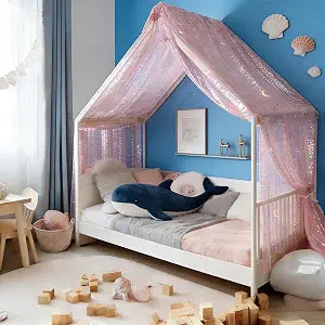 Pink Bed Canopy House Bed Canopy Twin Star Moon Princess Room Decor Kids Tulle Bedspread Scarf Light Pink Sheer Curtains W60 x L158
