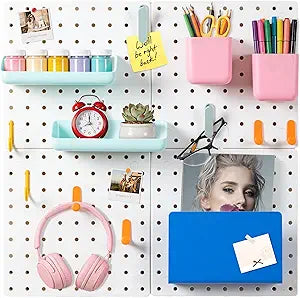 Peg Board Wall Organizer Kit, 4 Pack 11" x 11" Plastic Pegboards with 14 Accessories, Modular Hanging Panels for Home, Office, Craft Room, Bedroom & Garage - White