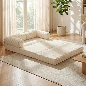 Convertible Sofa Bed, Tri-Fold Foldable Mattress with Removable Arms & Washable Cover, Portable Mattress Futon Sofa Bed, No Assembly Required & Non-Slip, Queen Size, Beige