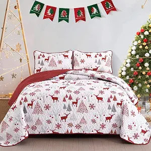 Luxudecor Christmas Quilt Set King Size, Xmas Tree Reindeer Snowflake Quilt