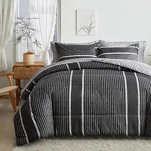 FlySheep 3 Pcs Boho Striped Comforter Set Full Full/Queen Size, White Striped on Black Dark Grey Soft Microfiber Reversible Bedding Set for All Season