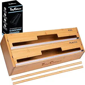 18 Inch Large Foil Wrap Dispenser with Cutter, 2 in 1 Aluminum Butcher Parchment Paper Freezer Tin Wax Cling Foil Plastic Wrap Organizer for Kitchen Drawer Bamboo Saran Storage Roll Holder