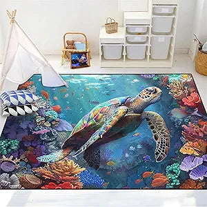 Sea Turtles Rug - Sea Turtle Rugs for Bedroom Coral Printted Carpet Sea Animal Underwater Carpet Sea Turtle Mat for Kids Bedroom Decor,5'7'