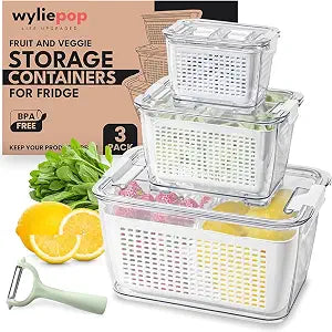 Premium Fruit Storage Containers for Fridge with Veggie Peeler 3-in-1 Produce Containers for Fridge with Strainer & Removable Colander Large, Clear Fruit and Vegetable Storage Organizer (Set of 3)
