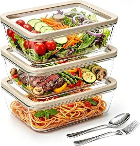 3 Pack 52 oz Large Glass Food Storage Containers with Lids