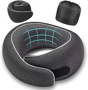 Travel Pillow, Memory Foam Neck Pillow with Ergonomic 360 Support, Travel Neck Pillow for Airplanes, Compact Design for Plane, Car & Office Travel Essentials, Max Black