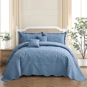Oversized King Bedspread, Stitched Paisley Quilt Set King/Cal King, Lightweight Reversible Coverlet, Scalloped Edge - Soft Modern Classic Look, 5 Piece, Smokey Blue