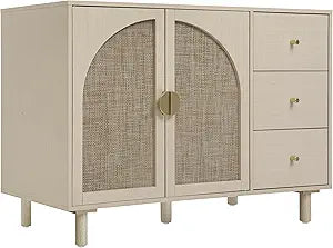 vistavie Rattan Sideboard Buffet Cabinet with 2 Doors and 3 Drawers, Rattan Cabinet with Solid Pine Legs, Storage Wood Console Table for Dining Room, Living Room, Kitchen (Natural)