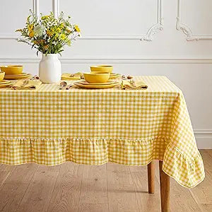 Moukeren 1 Piece Yellow Checkered Tablecloth with Ruffle Hem 60 x 90 Inches, Rectangle Farmhouse Table Cover for Kitchen, Wedding, Party, Indoor Outdoor Picnic and Daily Decor, Cotton Fabric