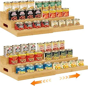 2 Pack Bamboo Expandable Can Rack Organizer for Pantry, Stackable 3 Tier Canned Food Organizers and Storage, Kitchen Cabinet, Food Can Holders Dispensers for Pantry Up To 48 Cans