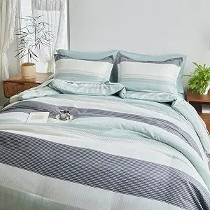 Flysheep Ombre Striped Bed in a Bag 6 Pieces Twin Size for Kids, Grey Green White Stripes Comforter Sheet Set (1 Comforter, 1 Flat Sheet, 1 Fitted Sheet, 2 Pillow Shams, 1 Pillowcase)