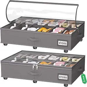 homyfort Under Bed Shoe Storage with Wheels, Fits 24 Pairs, Rolling Shoe Organizer with Bottom Support & Clear Lids, Sturdy Under Bed Storage Box for Shoes, Set of 2, Grey