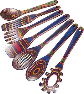 MYRAINBOW Wooden Spoons for Cooking 7 Piece Pakkawood Kitchen Utensils Set with Spatulas, Spoons, Ladles, and Turner for Mixing, Serving & Cooking
