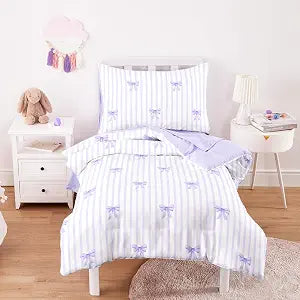Wake In Cloud - Toddler Bedding Set for Girls, Vertical Stripes with Cute Bows, 4 Pieces Soft Crib Bed Set Including Comforter, Sheets and Pillowcase, Light Purple