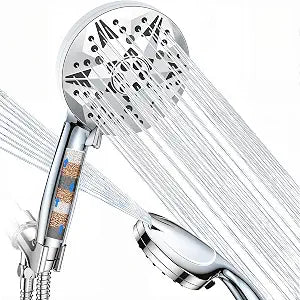 Filtered High Pressure Handheld Shower Head 10 Spray Modes with Rain & Massage, Built-in Filter for Cleaner Water, Anti-Clog Nozzles, Power Rinse for Tile & Pets, Chrome Finish
