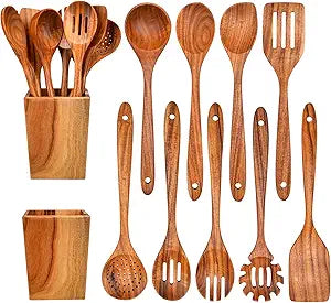 Gudamaye 13 inch Long Wooden Spoons for Cooking, 9 PCS Natural Teak Wooden Kitchen Utensil Set with Utensils Holder Made of Australia Camphor Laurel WoodWooden Utensils for Cooking