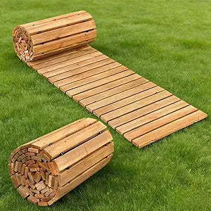 Wooden Garden Pathway12ft Outdoor Roll Out Decorative Garden Walkway, Weather-Resistant Non-Slip Wooden Walkway Pavers for Backyard, Beach, Wedding Party Paths (Natural, Straight)