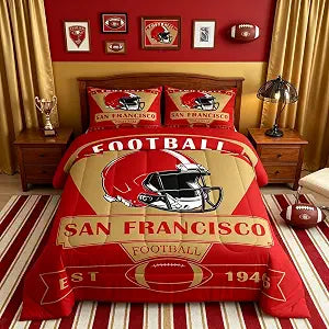 Feelyou Queen Size Football Comforter Set, San Francisco Theme, 1 Comforter & 2 Pillow Cases, Red and White