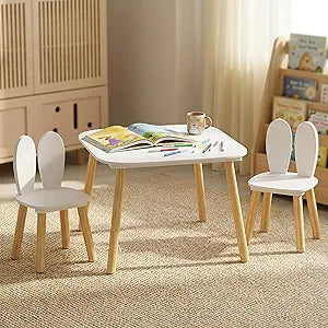 Kids Table and 2 Chairs, Wooden Stable Table and Chair Set (Rabbit), Ideal for Arts & Crafts, Snack Time, Homeschooling, Homework & More