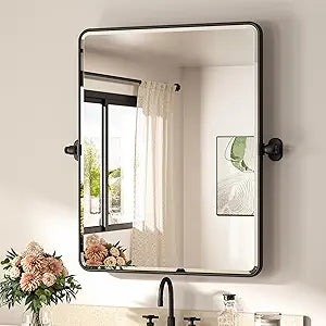 TETOTE Matte Black Pivot Bathroom Mirror 24 x 30 Tilting Beveled Rectangle Metal Framed Tempered Glass Mirror, Farmhouse Adjustable Tilt Rounded Corner Rectangular Vanity Mirror, Horizontal/Vertical