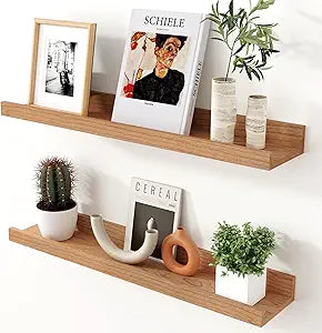 Axeman Cherry Picture Ledge Shelf, 24 Inch Floating Shelves Set of 2, Solid Wood Wall Shelves with Lip, Wall Decor Storage for Bedroom Living Room Bathroom Kitchen Nursery Photo, Natural Cherry