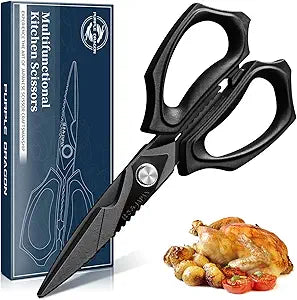 Purple Dragon Kitchen Scissors for Food - Stainless Steel Cooking Scissors All Purpose - Kitchen Shear Heavy Duty for Meat Cutting - Dishwasher Safe - Gifts for Men and Women - Black Sharp Blade