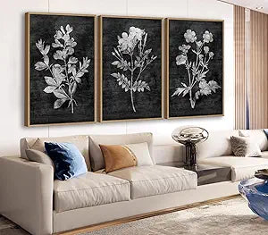Large Framed Canvas Wall Art - Natural Float Framed Rustic White Flower Leaf Pictures for Living Room Decor Black Canvas Artwork Plants for Bedroom Kitchen Home Office Decoration 72" X 36" Set of 3