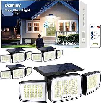 DAMINY Solar Security Light with Motion Sensor,Super Bright LED,Solar-Motion Lights Outdoor Waterproof,Easy Install,3 Heads 270Wide Angle Flood Light with 3 Lighting Modes-4 Pack