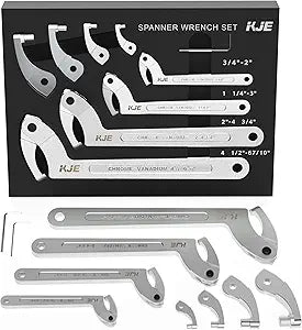KJE 10PCS Adjustable Pin Spanner Nut Wrench Tool Set, C-Shape Pin Hook Wrench Tools with Replaceable Heads for Pipes Heating Cars, Coilover Wrenches for Suspension System, Bearing, 3/4" to 6-7/10"