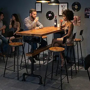 39.3IN Solid Wood Bar Table, Industrial Counter Height Pub with Extra Thickened Table Top, Metal Table Legs, Dining Table Home Bar Coffee Unit for Kitchen, Balcony, Living Room, Basement(Light brown)