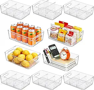 Mpotmiy 10 Pack Pantry Organizers and Storage,Clear Plastic Containers with 2 Dividers for Kitchen,Fridge Organization and Storage,Acrylic Bins for Pounches,Spice Packet,Snack organzier