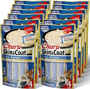 INABA Churu for Skin and Coat Lickable Pure Natural Cat Treats with Omega Oils, Taurine and Green Tea, 0.5 Ounces Each - Tuna Recipe (48 Tubes)
