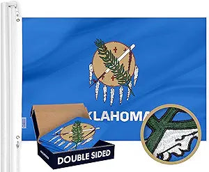 G128 Oklahoma State Flag | 3x5 Ft | Double ToughWeave Series Double Sided Embroidered 210D Polyester | Embroidered Design, Indoor/Outdoor, Brass Grommets, Heavy Duty, 2-ply