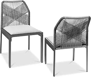 Best Choice Products Set of 2 Indoor/Outdoor Modern Dining Kitchen Chairs, All-Weather Rope Woven Design, Padded Cushions, Aluminum Frame for Dining Room, Living Room - Charcoal/Graphite