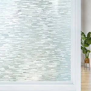 Haton Window Privacy Film, Frosted Glass Film, Sun Blocking Static Cling for Bathroom, Heat Control Anti Glare Removable UV Rejection Non-Adhesive Covering for Home, Frosted Stripe, 35.4" X 157.4"