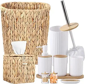 Bathroom Accessory Set, 10 Pieces Bath Set- Wicker Trash Can Tissue Box Soap Dish Toothbrush Holder Rinse Cup Lotion Bottle Toilet Brush Qtip Holder - Practical Bathroom Decor Sets (White, Bath Set)