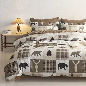 Wake In Cloud - Rustic Comforter Set, Cabin Christmas Lodge Western Country Bear Deer Moose Woodland RV Outdoor Theme, Soft Lightweight Bedding, 3 Pieces, Taupe, Queen Size