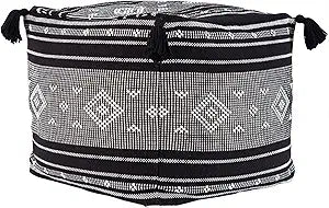 MOCOFO Cotton Woven Tassel Footstool Boho Square Unstuffed Pouf Cover for Living Room, Bedroom(Black Strips, 17.717.715.7")