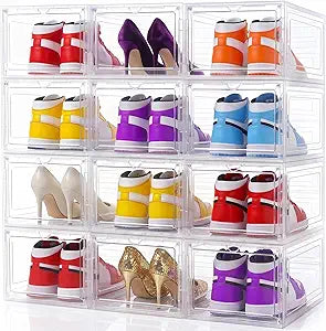 Large Clear Shoe Storage Boxes Stackable, 12 Pack Hard Plastic Shoe Storage Organizer with Magnetic Door, Shoe Container Sneaker Storage Display Case Fit up to US Size 12 Clear