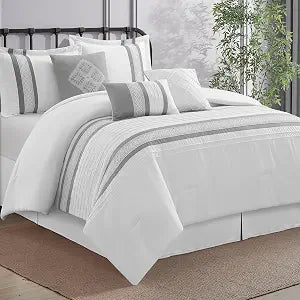 LANCO MODERN LIFESTYLE 7 Piece Comforter Set, Grey White, King Size, Boho Style Geometric Microfiber Embroidery, Bed in a Bag with Bedskirt, Pillow Shams and Decor Pillows